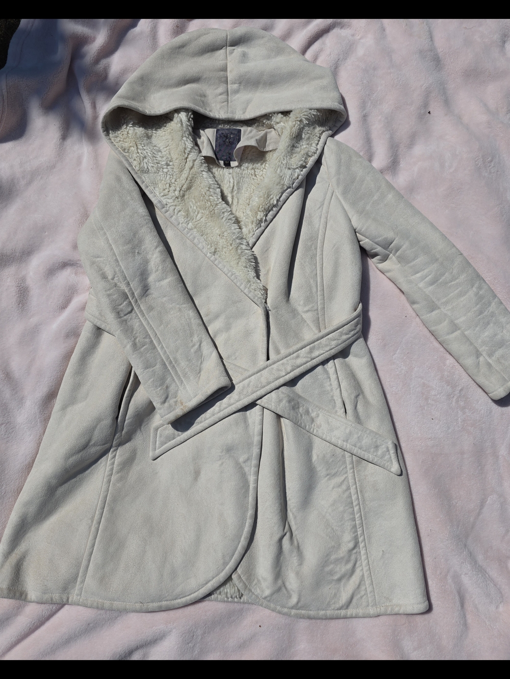 Aeropostale Cream Hooded Faux-Shearling Wrap Trench Coat